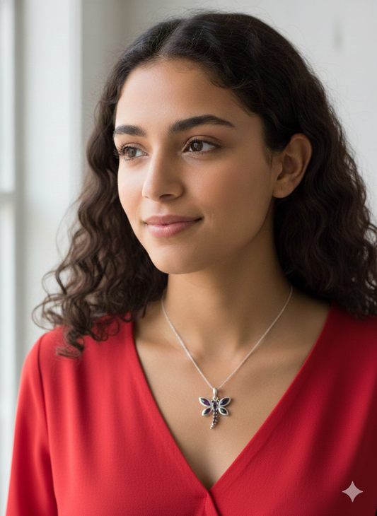 MISTK Dragonfly Pendant Necklace – 925 Sterling Silver with Semi-Precious Stones