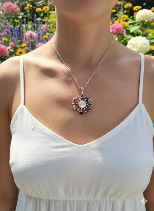 Mistk.in 925 Sterling Silver Multi-Stone Chakra Sun Pendant | Semi-Precious Stone Silver Pendant | Pendant Only